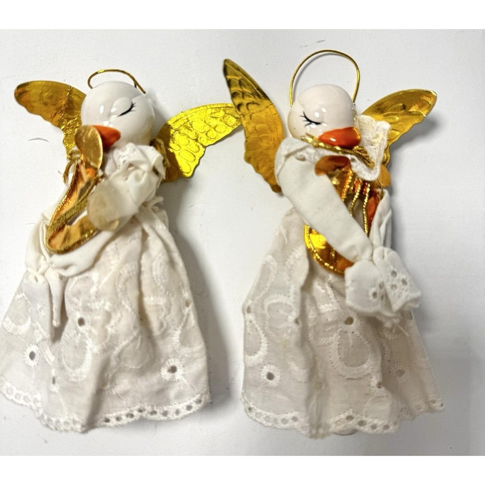 Ceramic Duck Angel Easter 2 Ornaments in Lace Anthropomorphic Pair Vintage
